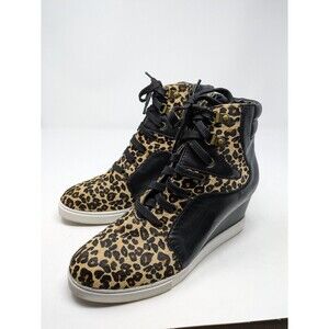 LINEA PAOLO Fleur Wedge Sneakers Leopard Print Calf Hair Leather Black Size 7M